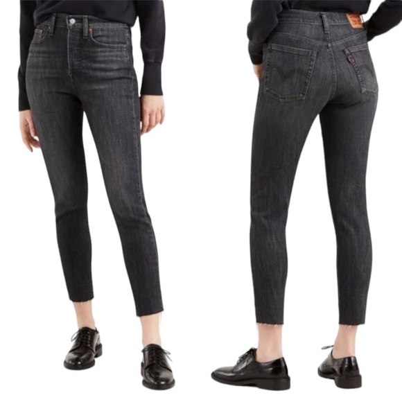 LEVI’s Wedgie Skinny High Rise Button Fly Frayed Hem Ravens Wing Grey Black 27 - Picture 1 of 9